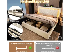Cama de casal estofada com arrumação - 180 x 200 cm - cabeceira com LEDs + portas USB e Tipo-C - arrumação hidráulica - veludo - bege