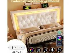 Cama de casal estofada com arrumação - 180 x 200 cm - cabeceira com LEDs + portas USB e Tipo-C - arrumação hidráulica - veludo - bege