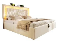 Cama de casal estofada com arrumação - 180 x 200 cm - cabeceira com LEDs + portas USB e Tipo-C - arrumação hidráulica - veludo - bege