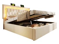 Cama de casal estofada com arrumação - 180 x 200 cm - cabeceira com LEDs + portas USB e Tipo-C - arrumação hidráulica - veludo - bege