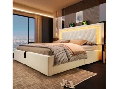 Cama de casal estofada com arrumação - 180 x 200 cm - cabeceira com LEDs + portas USB e Tipo-C - arrumação hidráulica - veludo - bege