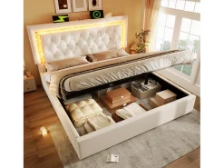 Cama de casal estofada com arrumação - 180 x 200 cm - cabeceira com LEDs + portas USB e Tipo-C - arrumação hidráulica - veludo - bege
