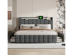 Cama de casal estofada de 160x200 cm com 4 gavetas, iluminação LED, porta USB e cabeceira, em linho, cinza.