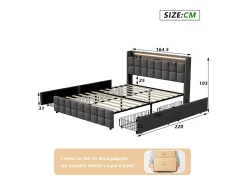Cama de casal estofada de 160x200 cm com 4 gavetas, iluminação LED, porta USB e cabeceira, em linho, cinza.
