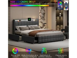 Cama de casal estofada de 160x200 cm com 4 gavetas, iluminação LED, porta USB e cabeceira, em linho, cinza.