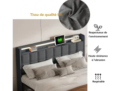 Cama de casal estofada de 160x200 cm com 4 gavetas, iluminação LED, porta USB e cabeceira, em linho, cinza.