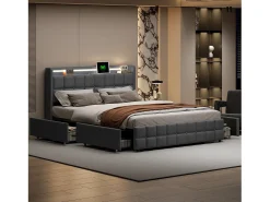 Cama de casal estofada de 160x200 cm com 4 gavetas, iluminação LED, porta USB e cabeceira, em linho, cinza.
