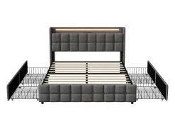 Cama de casal estofada de 160x200 cm com 4 gavetas, iluminação LED, porta USB e cabeceira, em linho, cinza.