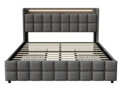 Cama de casal estofada de 160x200 cm com 4 gavetas, iluminação LED, porta USB e cabeceira, em linho, cinza.