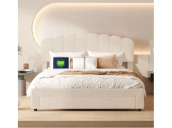 Cama de casal estofada 160x200 cm com USB e gavetas grandes - Tecido Sherpa - Bege