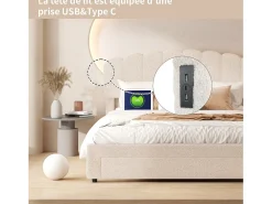 Cama de casal estofada 160x200 cm com USB e gavetas grandes - Tecido Sherpa - Bege