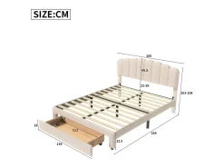 Cama de casal estofada 160x200 cm com USB e gavetas grandes - Tecido Sherpa - Bege