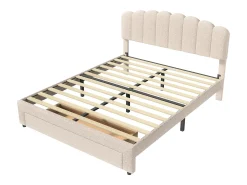 Cama de casal estofada 160x200 cm com USB e gavetas grandes - Tecido Sherpa - Bege