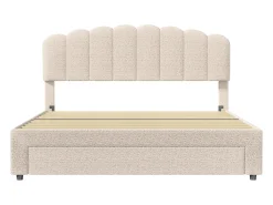 Cama de casal estofada 160x200 cm com USB e gavetas grandes - Tecido Sherpa - Bege