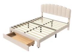 Cama de casal estofada 160x200 cm com USB e gavetas grandes - Tecido Sherpa - Bege