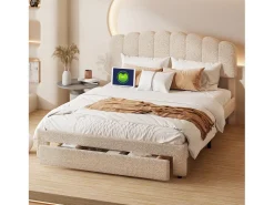 Cama de casal estofada 160x200 cm com USB e gavetas grandes - Tecido Sherpa - Bege