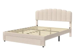 Cama de casal estofada 160x200 cm com USB e gavetas grandes - Tecido Sherpa - Bege