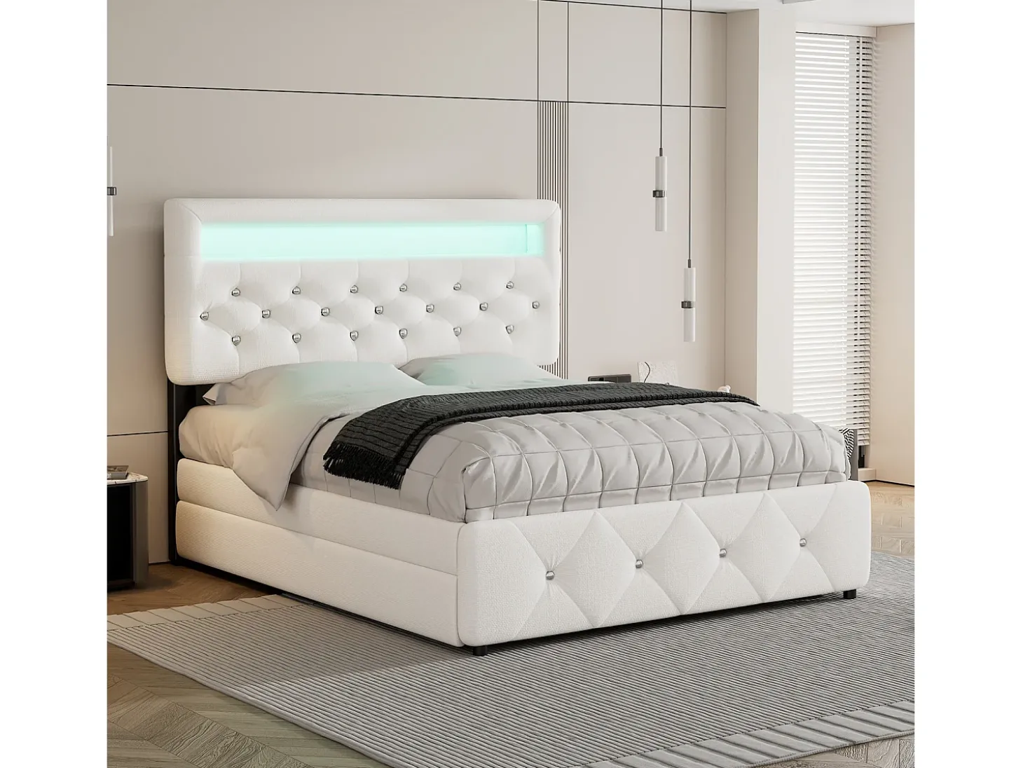 Cama de casal estofada 140x200cm+90x200cm, cama de casal com 2 gavetas, mesa de cabeceira com barra de luz, branca