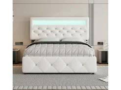 Cama de casal estofada 140x200cm+90x200cm, cama de casal com 2 gavetas, mesa de cabeceira com barra de luz, branca