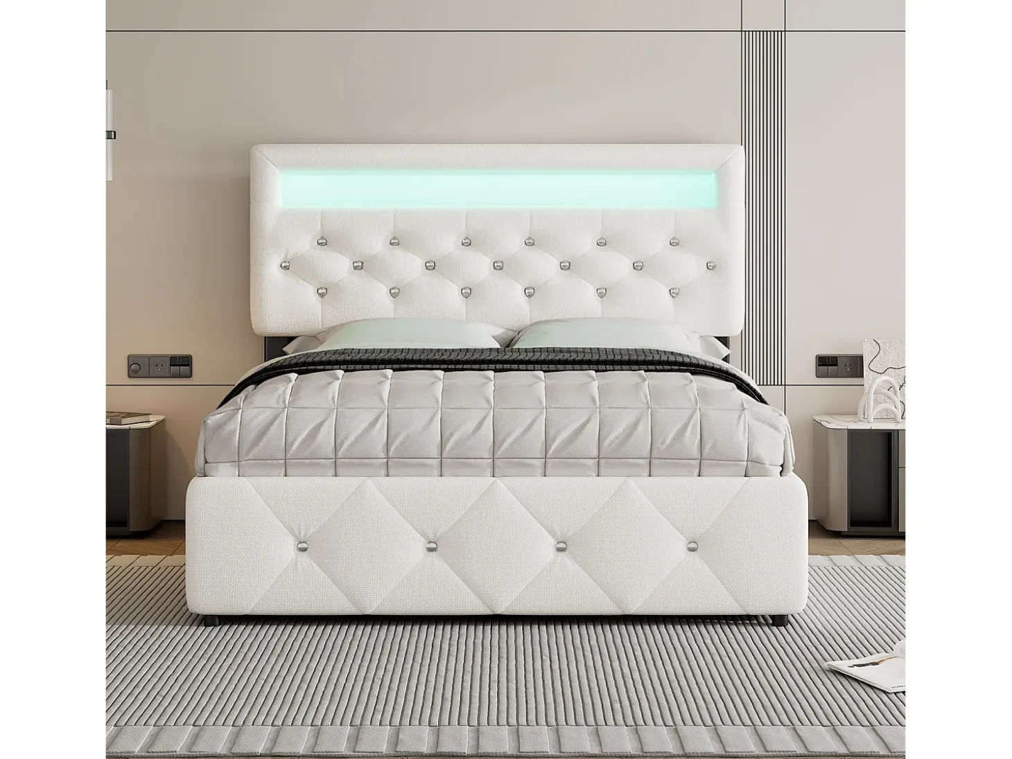 Cama de casal estofada 140x200cm+90x200cm, cama de casal com 2 gavetas, mesa de cabeceira com barra de luz, branca