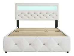 Cama de casal estofada 140x200cm+90x200cm, cama de casal com 2 gavetas, mesa de cabeceira com barra de luz, branca