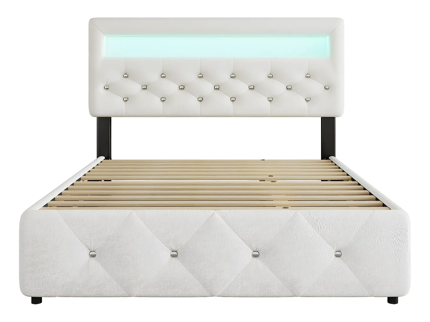 Cama de casal estofada 140x200cm+90x200cm, cama de casal com 2 gavetas, mesa de cabeceira com barra de luz, branca