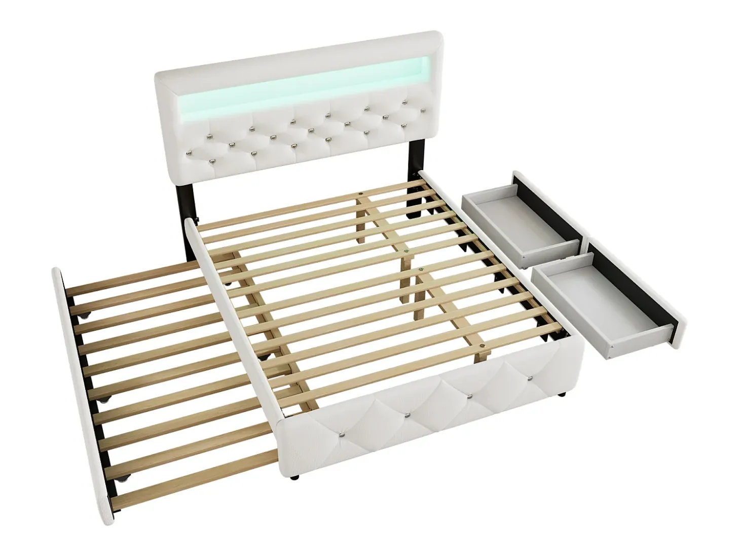 Cama de casal estofada 140x200cm+90x200cm, cama de casal com 2 gavetas, mesa de cabeceira com barra de luz, branca