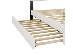 Cama de casal estofada 140x200cm+90x200cm, cama de casal com 2 gavetas, mesa de cabeceira com barra de luz, branca