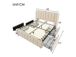 Cama de casal estofada 140x200cm em linho bege, com 4 gavetas + USB e Tipo C, carga máx. 181 kg (sem colchão)