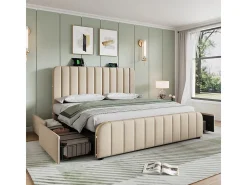 Cama de casal estofada 140x200cm em linho bege, com 4 gavetas + USB e Tipo C, carga máx. 181 kg (sem colchão)
