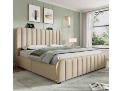 Cama de casal estofada 140x200cm em linho bege, com 4 gavetas + USB e Tipo C, carga máx. 181 kg (sem colchão)