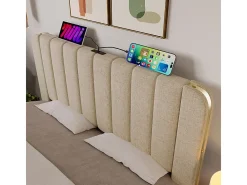 Cama de casal estofada 140x200cm em linho bege, com 4 gavetas + USB e Tipo C, carga máx. 181 kg (sem colchão)