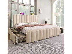 Cama de casal estofada 140x200cm em linho bege, com 4 gavetas + USB e Tipo C, carga máx. 181 kg (sem colchão)