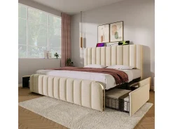 Cama de casal estofada 140x200cm em linho bege, com 4 gavetas + USB e Tipo C, carga máx. 181 kg (sem colchão)