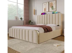 Cama de casal estofada 140x200cm em linho bege, com 4 gavetas + USB e Tipo C, carga máx. 181 kg (sem colchão)