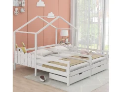 Cama de casal infantil branca 90x200cm com 2 gavetas, pinho + MDF, sem colchão
