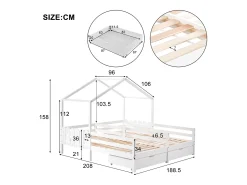 Cama de casal infantil branca 90x200cm com 2 gavetas, pinho + MDF, sem colchão