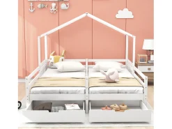 Cama de casal infantil branca 90x200cm com 2 gavetas, pinho + MDF, sem colchão
