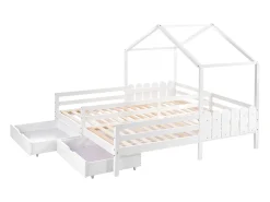 Cama de casal infantil branca 90x200cm com 2 gavetas, pinho + MDF, sem colchão