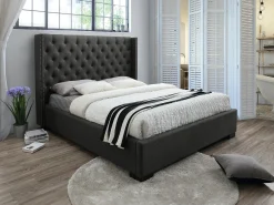 Cama de casal tamanho king (180 x 200 cm) com cabeceira estofada em tecido cinza - MASSIMO