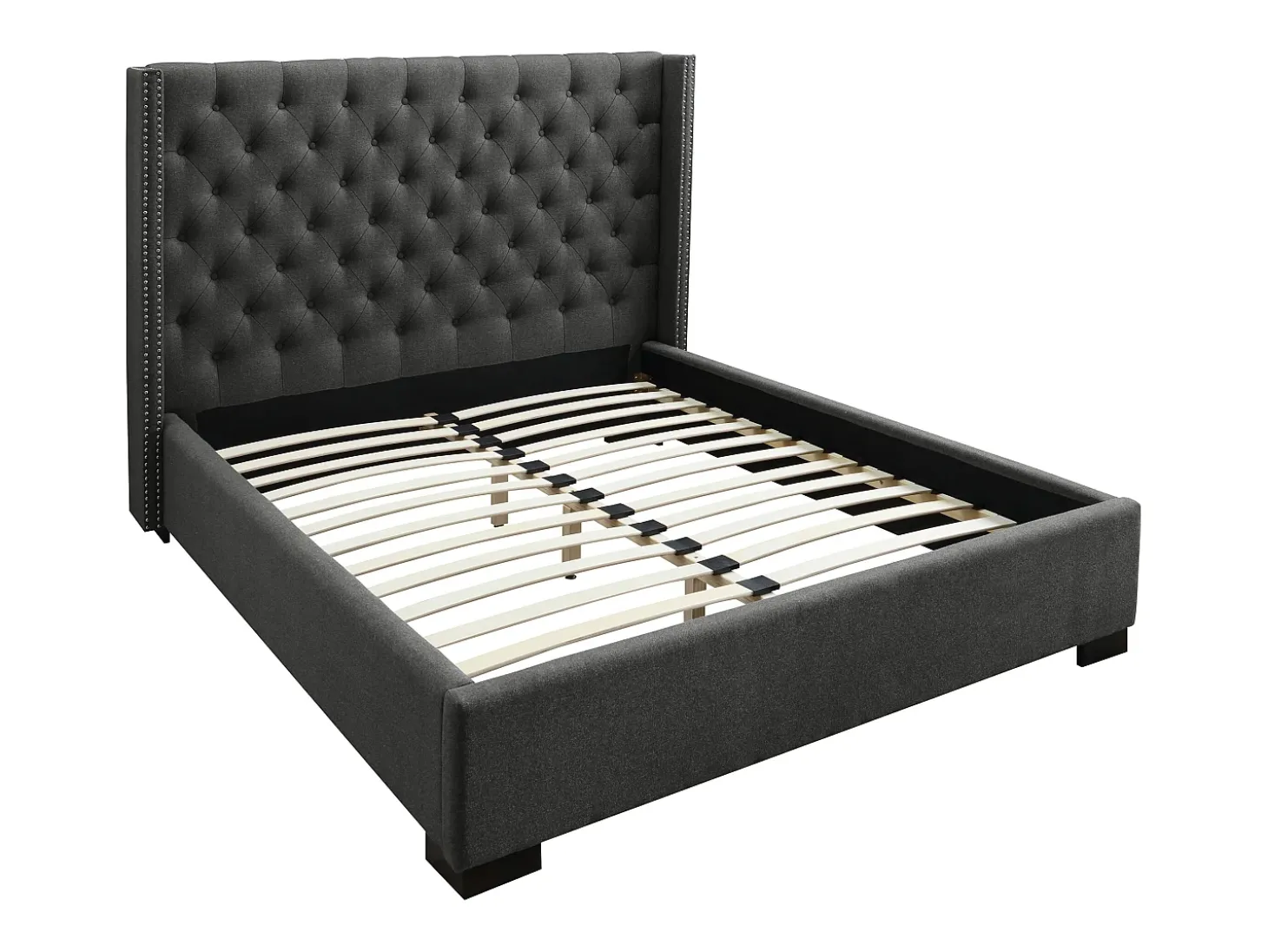 Cama de casal tamanho king (180 x 200 cm) com cabeceira estofada em tecido cinza - MASSIMO