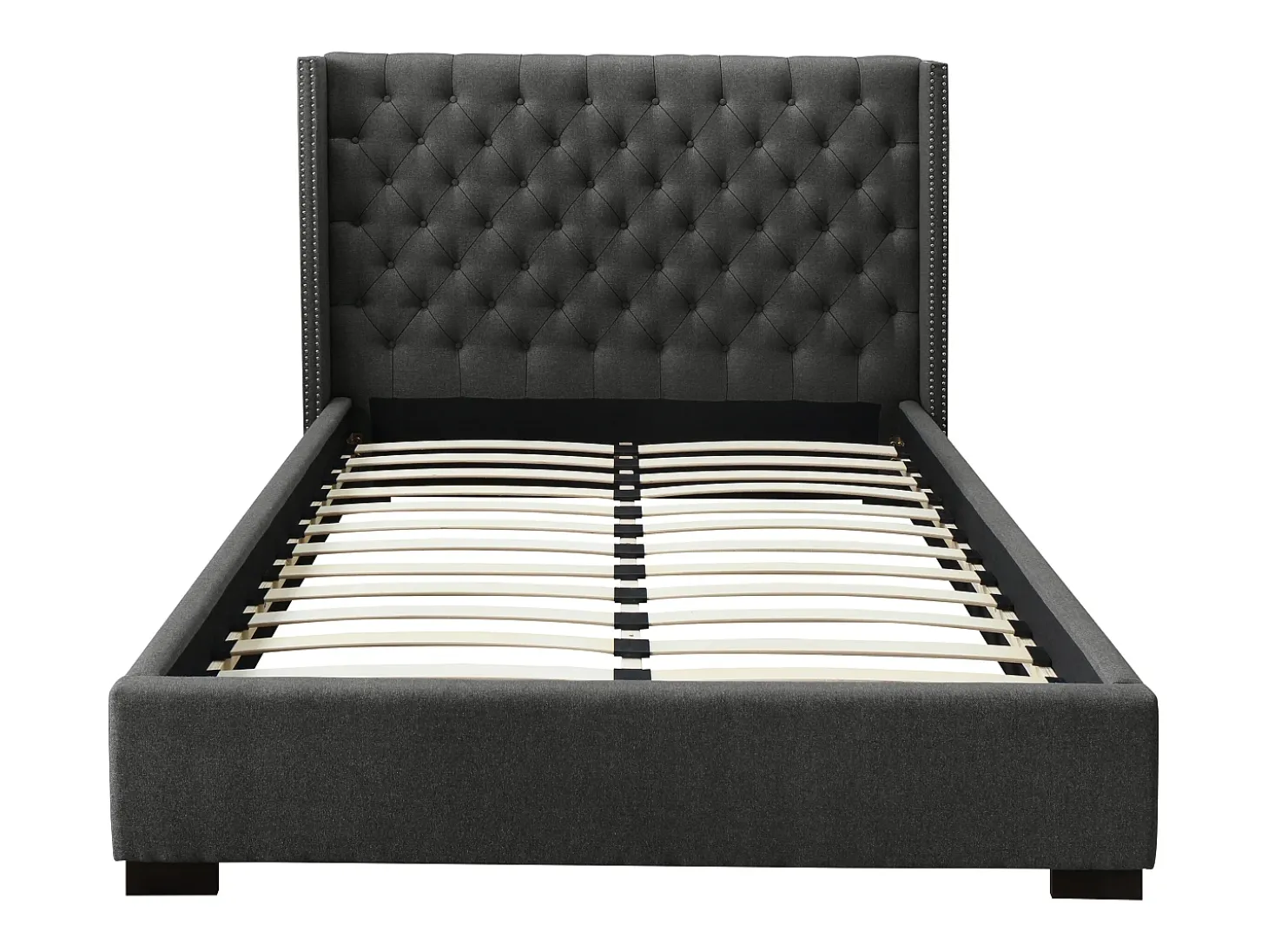 Cama de casal tamanho king (180 x 200 cm) com cabeceira estofada em tecido cinza - MASSIMO