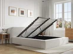 Cama de casal tamanho king com arrumação, 180 x 200 cm, em veludo cotelê creme + colchão - LIRABA da Maison Céphy