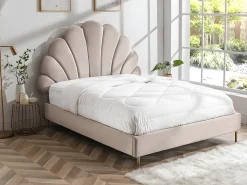 Cama de casal tamanho queen (160 x 200 cm) em veludo bege com colchão - LIVAYA