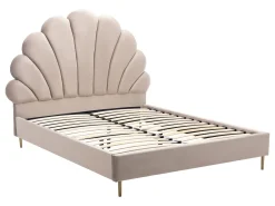 Cama de casal tamanho queen (160 x 200 cm) em veludo bege com colchão - LIVAYA
