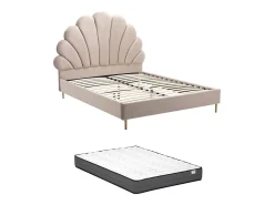 Cama de casal tamanho queen (160 x 200 cm) em veludo bege com colchão - LIVAYA