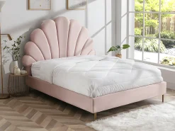 Cama de casal tamanho queen (160 x 200 cm) em veludo rosa + colchão - LIVAYA