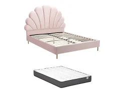 Cama de casal tamanho queen (160 x 200 cm) em veludo rosa + colchão - LIVAYA