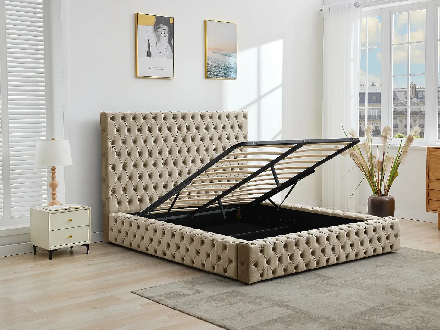 Cama de casal tamanho Queen Chesterfield com arrumação em veludo taupe + colchão - DULENI