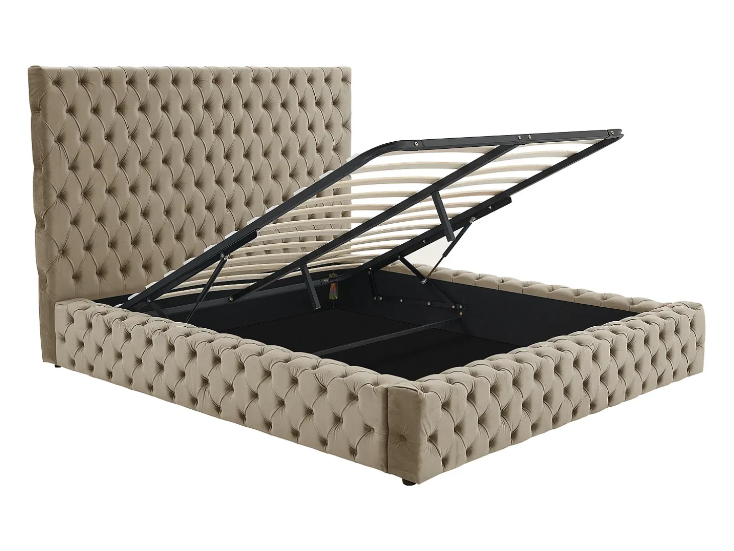 Cama de casal tamanho Queen Chesterfield com arrumação em veludo taupe + colchão - DULENI